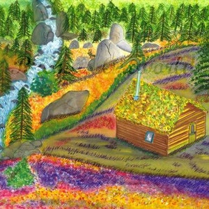 Mossy Cabin Matted Watercolor Print by Rhema Cruson, Rhemasartworld Country Mountains Forest Waterfall Moss Chimney Rock Sunshine Alaska