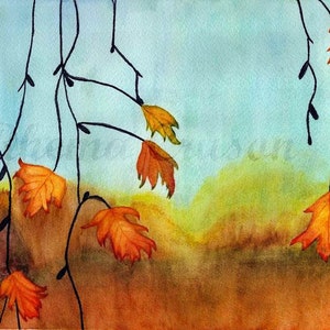 Autumn Breeze Matted Watercolor Print by Rhema Cruson, Rhemasartworld  Blue Yellow Mountains Nature Sunny Sunshine Golden Leaf Season
