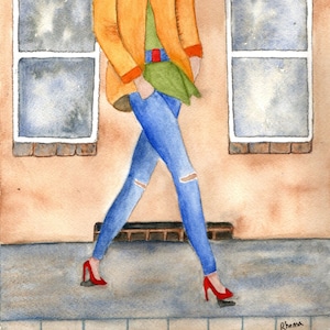Original Watercolor Painting by Rhema Cruson, Rhemasartworld Red Shoe Walking City Streets Blue Jeans Red Fashion Lady Style Stucco Gray
