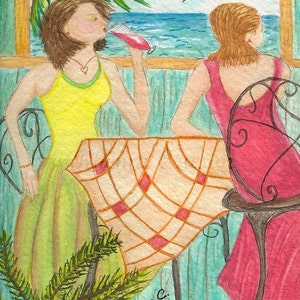 Paradise Cafe Matted Watercolor Print by Rhema Cruson, Rhemasartworld Friends Tropical Dining Palm View Cocktails Turquoise Lady Dress Ocean