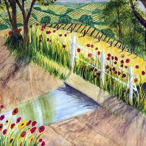 Country Road Matted Watercolor Print by Rhema Cruson, Rhemasartworld Water Vineyards Wild Flowers White Fence Hills Tree Nature Spring Red