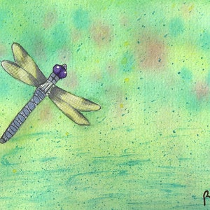 Dragon Fly Matted Watercolor Print by Rhema Cruson, Rhemasartworld Flower Fields Flight Spring Summer Green Purple Yellow Sky Sunshine Water