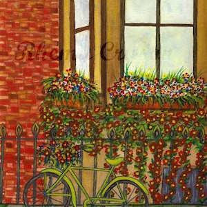 Stampa ad acquerello Love My Bike di Rhema Cruson, Rhemasartworld Vines Brick Europe Primavera Soleggiato Finestra Città Riflessione Cruiser Estate