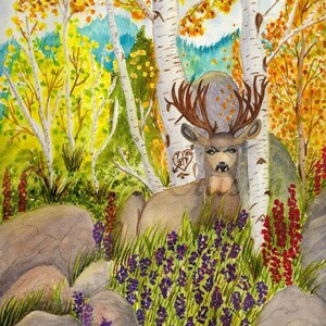 Bachelor Buck Matted Watercolor Print By Rhema Cruson, Rhemasartworld Fall Aspen Golden Mountains Flowers Rocks Deer Sunny Turquoise Nature