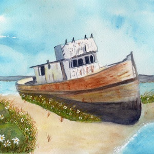 Grounded Matted Watercolor Print by Rhema Cruson Rhemasartworld Shipwreck Ocean Beach Sand Nodical Blue Skies Bay Sea Fishing Boat