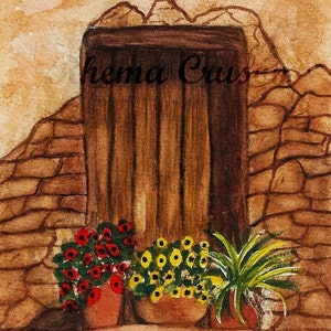 Villa italiana Matted acuarela impresión por Rhema Cruson, Rhemasartworld Tuscan Sunset Brick Door Macetas europeas Amarillo Rojo Estuco Amanecer