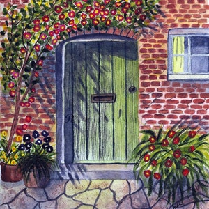 Villa Toscana Matted Acuarela Impresión por Rhema Cruson, Rhemasartworld Flores Vid Ladrillo Edificio Piedra Patio Ventana Planta Puerta Verde Rojo