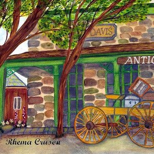 Genoa Antiques Matted Watercolor Print by Rhema Cruson, Rhemasartworld Trees Stone Building  Western Town Vintage Historical Wood Sunshine