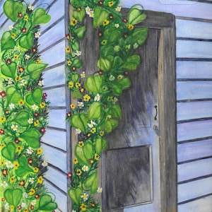 Twilight Cottage Matted Watercolor Print by Rhema Cruson, Rhemasartworld Lavender Summer Spring Flowers Vines Sunset Shadow Door Tomales Bay