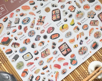 May include: A sticker sheet featuring numerous small, colorful illustrations of various sushi rolls, nigiri, bento boxes, and Japanese food items, accompanied by Japanese text labels and price markings printed directly on the adhesive paper surface.