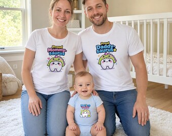 3-Piece Family First Tooth Dino Matching Set, Mommysaurus Daddysaurus Baby Outfit