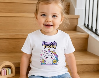 Unicorn Tooth Milestone Toddler Tee, Personalized Custom Name Growing Tooth Gift