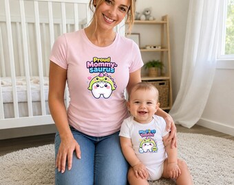 Mommy and Me First Tooth Dino Shirts, Mommysaurus Matching Set for Mom Baby
