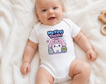Baby First Tooth Bunny Bodysuit, Kawaii Milestone Gift for New Parents