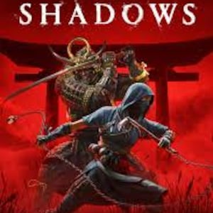 Peut inclure: Illustration de la jaquette du jeu Assassin's Creed Shadows. Un guerrier samouraï en armure ornée et un assassin encapuchonné en vêtements sombres s'affrontent. Le fond est un portail de temple japonais rouge.