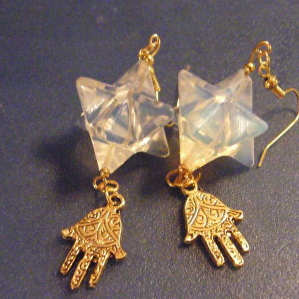 Merkaba/Merkabah Opalite Crystals, with Hamsa Charms, Dangle Earrings! Spiritual, Positive Energy, Judaic, Hanukkah Gift, Woman's Earrings