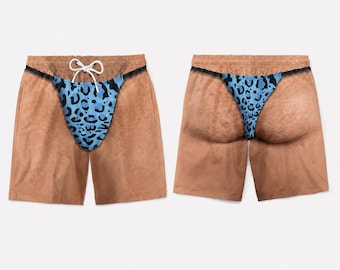 Custom Funny Men Swim Trunks: Personalized Leopard Thong Bikini Beach Short Beach Shorts, Summer Vacation Gifts For Men, Gag Gift For Him