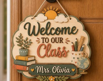 Custom 2 Layers Wooden Teacher Name Sign, Teacher Door Hanger, Cute Teacher Door Sign, Teacher Gift, Custom Teacher Name, Classroom Decor