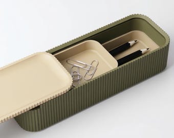Minimalist Slide Pencil Case & Desk Organizer - Ribbed Texture 3D Printed Box - Modern Office Storage - Japandi Style Gift (Matte Finish)