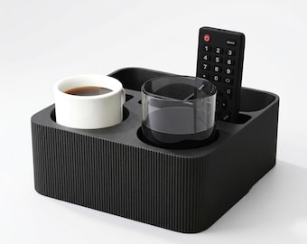 Couch Console & Snack Tray - Sofa Organizer with Mug Holder - Modern Remote Control Caddy - Ribbed 3D Printed Decor (Matte Finish)