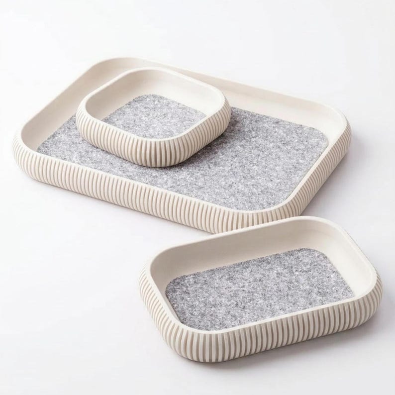 Set of 3 Nesting Catchall Trays with Felt Lining - Ribbed Valet Tray Set - Soft Bottom Entryway Organizer - Modern 3D Printed Decor White