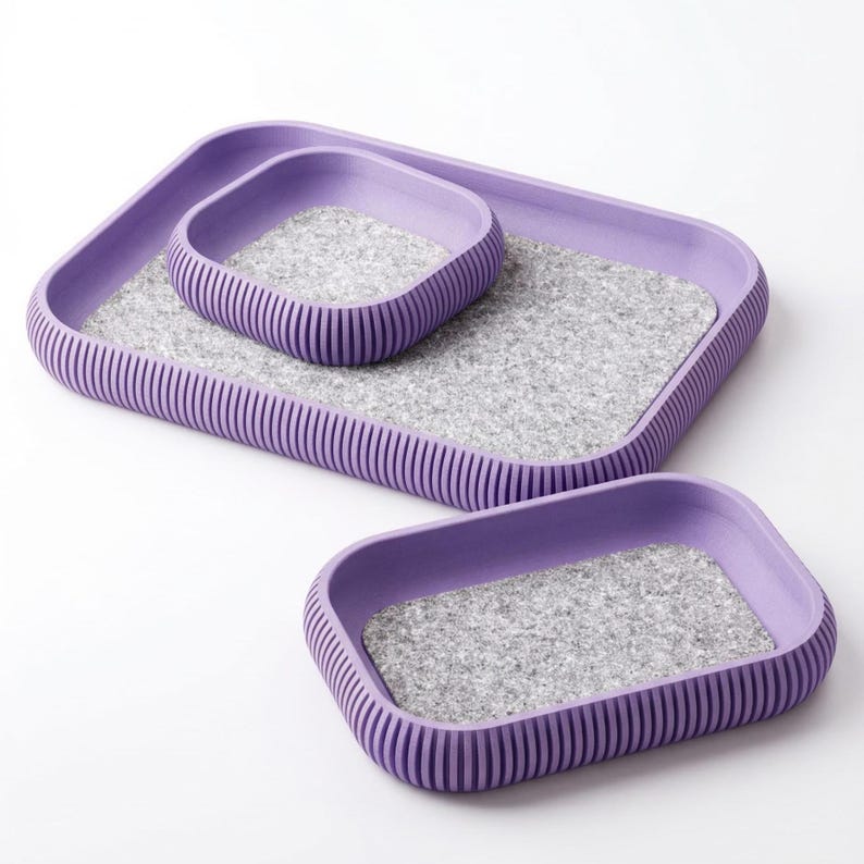 Set of 3 Nesting Catchall Trays with Felt Lining - Ribbed Valet Tray Set - Soft Bottom Entryway Organizer - Modern 3D Printed Decor Purple
