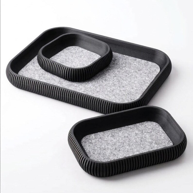 Set of 3 Nesting Catchall Trays with Felt Lining - Ribbed Valet Tray Set - Soft Bottom Entryway Organizer - Modern 3D Printed Decor Black