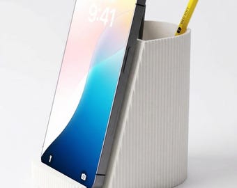 2-in-1 Phone Stand & Pen Holder - Minimalist Ribbed Desk Organizer - Modern iPhone Dock Station - 3D Printed Office Gift (Matte Finish)