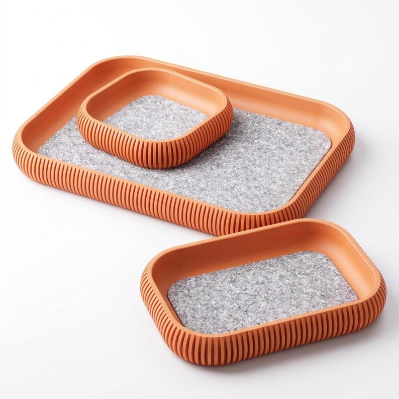 Set of 3 Nesting Catchall Trays with Felt Lining - Ribbed Valet Tray Set - Soft Bottom Entryway Organizer - Modern 3D Printed Decor Orange