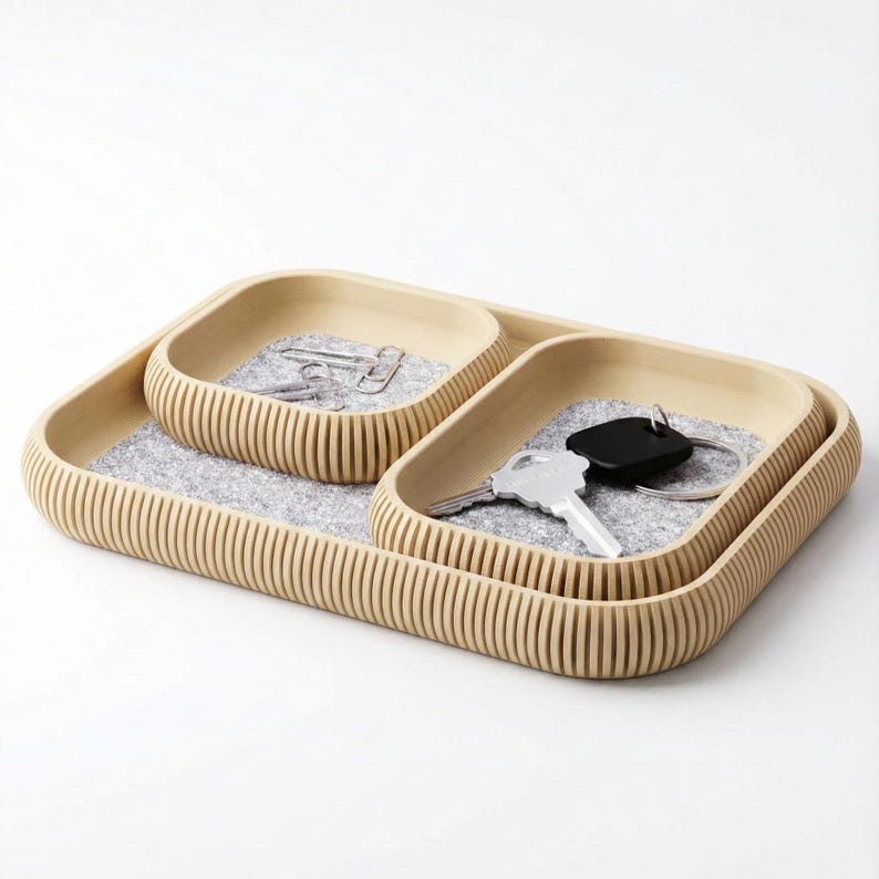 Set of 3 Nesting Catchall Trays with Felt Lining - Ribbed Valet Tray Set - Soft Bottom Entryway Organizer - Modern 3D Printed Decor image 8