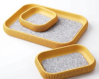 Set of 3 Nesting Catchall Trays with Felt Lining - Ribbed Valet Tray Set - Soft Bottom Entryway Organizer - Modern 3D Printed Decor