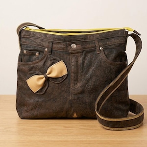 Könnte beinhalten: Eine dunkelbraune Umhängetasche aus denimartigem Stoff mit Used-Optik. Die Tasche verfügt über ein Vordertaschendesign mit Metallknopf, Nieten und einer beigen Schleife. Sie enthält einen leuchtend gelben Reißverschluss und einen passenden Schulterriemen.