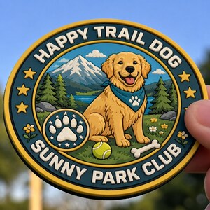 Puede incluir: Un parche circular con un golden retriever que lleva un pañuelo azul con una huella. El fondo muestra una montaña, un lago y pinos. El texto dice HAPPY TRAIL DOG y SUNNY PARK CLUB. Incluye un gráfico de una pelota de tenis y un hueso.