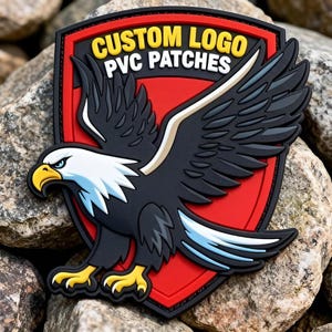 Puede incluir: Un parche de PVC con forma de escudo que muestra un águila calva con plumas negras, cabeza blanca y pico y garras amarillas. El fondo es rojo con un borde negro. El texto CUSTOM LOGO PVC PATCHES aparece en la parte superior en amarillo y blanco.