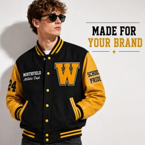 May include: A black and yellow varsity jacket featuring a large letter W on the chest, the text Northfield Athletic Dept, the number 24 on the sleeve, and School Pride on the other sleeve. The jacket has yellow striped cuffs and collar.