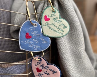 Personalized Embroidered City Heart Bag Charm | I Left My Heart In ... Travel Hometown Linen Luggage Tag with Custom Embroidery
