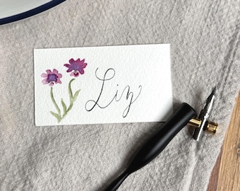 Custom Floral Watercolor Place Cards with Calligraphy | Painted Wedding Florals | Personalized Guest Name Cards | Flat or Tented