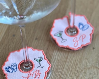 Custom Embroidered Wine Charm | Monogram Linen Wine Tag | Hostess Gift Dinner Party Favor