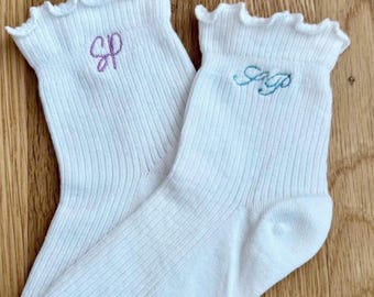 Custom Embroidered Monogram Socks | Personalized White Ruffle & Crew | Bride Bachelorette Gift