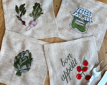 Embroidered Garden Vegetable Cocktail Napkins | Bon Appetit French Kitchen Linen Set | Hostess Housewarming Kitchen Gift