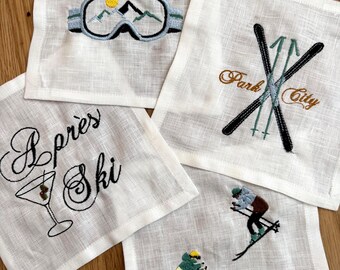 Embroidered Apres Ski Cocktail Napkins | Personalized Ski Town Linen Gift Set | Mountain Hostess Gift