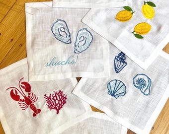 Embroidered Beach Cocktail Napkins | Personalized Beachy Linen Gift Set | Coastal Hostess Gift
