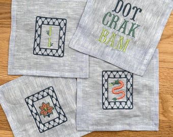 Embroidered Mahjong Cocktail Napkins | Dot Crak Bam Linen Set | Personalized Mahjong Tile Gift