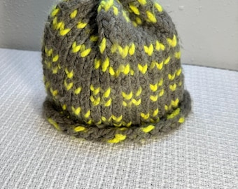 Kids Gray Neon Yellow Knit Beanie Hat Chunky Warm Winter - Homemade, Cozy
