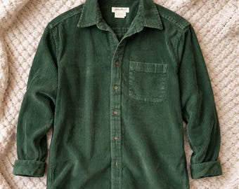 Vintage Eddie Bauer Corduroy Shirt Women Petite Medium Green Button Up Cabin 90s