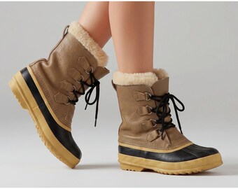 Sorel Caribou Snow Boots Women 9 Tan Leather Waterproof Winter Duck Boots VTG