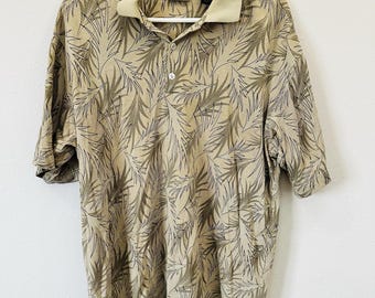 Vintage AXIST Men Palm Leaf Print Short Sleeve Polo Button Collar Shirt-Size L