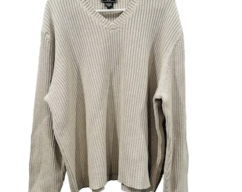 Vintage Eddie Bauer Beige V Neck Sweater Men Ribbed Knit Chunky Grandpa-XXL