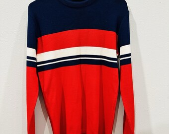 Maglione invernale rosso/blu in lana vintage da uomo, taglia L, stile retrò anni '90, VTG Meister