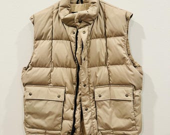 80's Vintage Eddie Bauer Mens Puffer Vest Tan Goose Down Quilted Zip Front  XL